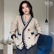 【初色】韓系寬鬆拼接撞色雙排釦大口袋V領長袖針織衫上衣女上衣-米色-17402(F可選) F 米色