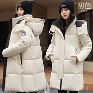 【初色】韓系字母印花休閒立領連帽長袖中長版禦寒保暖科技羽絨棉外套女外套-共3色-17232(M-3XL可選) M 米色
