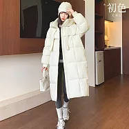 【初色】韓版長款寬鬆加厚防風保暖純色連帽長袖科技羽絨棉服外套女外套-共4色-17258(M-2XL可選) M 米白色