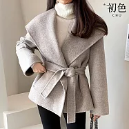 【初色】韓系復古毛呢腰帶收腰翻領長袖斗篷短版大衣外套女外套-共3色-17335(F可選) F 淺花灰