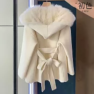 【初色】韓版氣質長袖連帽綁帶厚款毛呢拼接仿狐狸毛皮草大衣外套女外套-共6色-17243(M-2XL可選) M 米白色