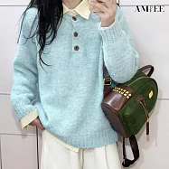 【AMIEE】鈕扣半開領百搭針織毛衣上衣(KDTQ-5853) S 淺藍