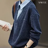【AMIEE】英倫學院款假兩件襯衫上衣(KDTQ-4345) M 藏藍