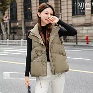 【初色】工裝風休閒保暖口袋拉鍊立領無袖科技羽絨棉馬甲外套背心女背心-共4色-17272(F可選) F 卡其色