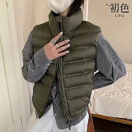 【初色】素色立領無袖拉鍊雙口袋坎肩科技羽絨棉服馬甲外套背心女背心-共7色-17254(M-2XL可選) M 軍綠色