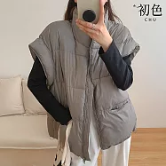 【初色】韓系簡約純色抽繩立領坎肩拉鍊禦寒保暖科技羽絨棉馬甲外套女外套-共3色-17251(M-XL可選) M 灰色