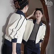 【初色】美式運動風長袖拉鍊拼接短款夾克棒球外套女外套-白色-17276(M-2XL可選) M 白色