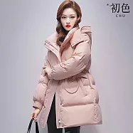 【初色】韓系純色高領長袖拉鍊單排釦雙口袋收腰保暖加厚科技羽絨棉連帽外套女外套-共4色-17274(S/M可選) S 粉紅色