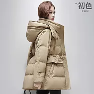 【初色】純色長袖連帽領口袋拉鍊抽繩中長款科技羽絨棉外套女外套-共3色-17271(S/M可選) S 卡其色