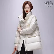 【初色】小香風純色海軍領珍珠鑲邊口袋拉鍊科技羽絨棉長袖外套女外套-共2色-17300(S/M可選) S 白色
