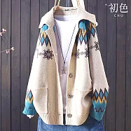 【初色】圖騰菱格紋雪花針織翻領排扣長袖寬鬆大口袋毛衣外套女外套-共4色-17369(F可選) F 米色