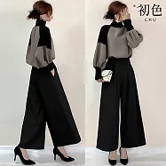 【初色】日系通勤風拼接小高領燈籠長袖上衣女上衣+素色闊腿休閒褲寬褲長褲套裝-灰衣黑褲-17320(M/L可選) M 灰衣黑褲