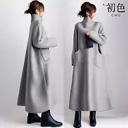 【初色】日系純色高領毛呢長袖大口袋寬鬆中長裙連衣裙連身洋裝長裙-灰色-17318(M/L可選) M 灰色