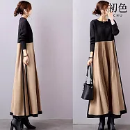 【初色】日系氣質顯瘦拼接撞色立領長袖針織A字裙中長裙連衣裙連身洋裝-卡其色-17319(F可選) F 卡其色