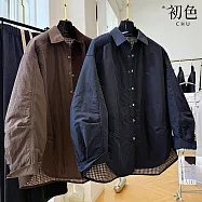 【初色】日系翻領長袖單排釦不規則衣襬加厚夾棉格紋內裡棉服外套女外套-共2色-17283(L-2XL可選) L 藏青色