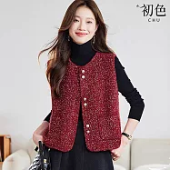 【初色】小香風簡約純色針織圓領排扣口袋無袖馬甲背心女背心-共4色-17511(F可選) F 紅色