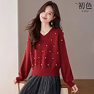 【初色】小香風菱格縫線重工釘珠V領長袖寬鬆針織衫上衣女上衣-共4色-17494(F可選) F 紅色