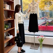 【初色】小香風拼接圓領排扣長袖針織外套+鬆緊腰寬鬆半身裙中長裙長裙套裝-白衣黑裙-17468(F可選) F 白衣黑裙