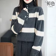 【初色】復古風加厚保暖拼接撞色條紋半門襟單排釦高領長袖打底針織毛衣上衣女上衣-共3色-17497(F可選) F 米白色