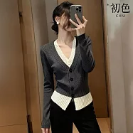 【初色】簡約風假兩件V領排釦長袖修身針織衫上衣女上衣-灰色-17571(F可選) F 灰色