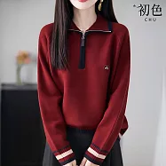 【初色】簡約時髦拼接撞色半門襟拉鍊翻領長袖內搭打底針織衫上衣女上衣-共4色-17480(F可選) F 酒紅色