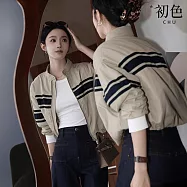 【初色】英倫風純色立領條紋拉鍊棒球服夾克長袖外套女外套-卡其色-17565(M-XL可選) M 卡其色