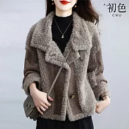 【初色】通勤風短款保暖拼接單排扣西裝領長袖仿羊羔毛大衣外套女外套-咖色-17555(M-2XL可選) M 咖色