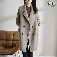 【初色】商務風中長款寬鬆純色雙排扣西裝領長袖人字紋毛呢大衣外套女外套-共4色-17456(M-2XL可選) M 卡其色