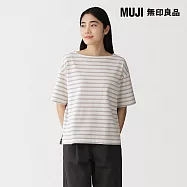 【MUJI 無印良品】女多線天竺船領短袖T恤 S 淺灰橫紋