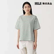 【MUJI 無印良品】女多線天竺船領短袖T恤 S 煙燻綠橫紋
