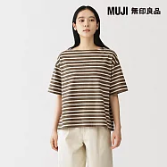 【MUJI 無印良品】女多線天竺船領短袖T恤 S 煙燻棕紋樣