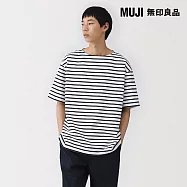 【MUJI 無印良品】男水洗粗織船領五分袖T恤 S 白橫紋