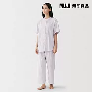 【MUJI 無印良品】女無側縫輕薄紗織五分袖家居睡衣 XL 薰衣草紫直紋