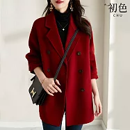 【初色】復古休閒通勤寬鬆雙排扣西裝領落肩長袖大衣外套女外套-共3色-17460(M-2XL可選) M 紅色