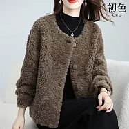 【初色】小香風簡約純色長袖排釦圓領仿皮草保暖絨毛大衣外套女外套-咖色-17553(M-2XL可選) M 咖色