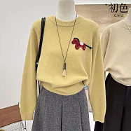 【初色】慵懶圓領長袖卡通小馬刺繡針織打底毛衣上衣女上衣-共2色-17521(F可選) F 黃色