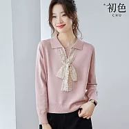 【初色】通勤風時尚純色拼接蕾絲飄帶翻領長袖內搭針織衫上衣女上衣-共2色-17637(F可選) F 粉色
