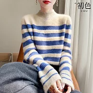 【初色】撞色拼接條紋半高領加厚保暖針織寬鬆內搭打底針織衫毛衣上衣女上衣-共2色-17514(F可選) F 藍色