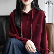 【初色】慵懶風簡約休閒連帽抽繩鈕扣長袖針織毛衣上衣女上衣-共5色-17482(F可選) F 紅色