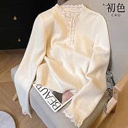 【初色】輕奢風韓版蕾絲拼接半門襟單排釦圓領長袖針織衫上衣女上衣-杏色-17540(F可選) F 杏色