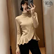 【初色】通勤風時髦掐腰純色拼接荷葉邊半高領針織毛衣上衣女上衣-共2色-17573(F可選) F 卡其色