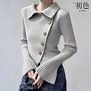 【初色】小香風休閒寬鬆修身斜排扣翻領長袖針織上衣女上衣-灰色-17564(F可選) F 灰色