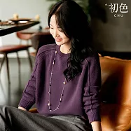 【初色】簡約純色寬鬆圓領長袖針織毛衣上衣女上衣-共2色-17522(F可選) F 紫色