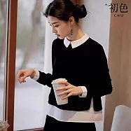 【初色】通勤風簡約撞色假兩件寬鬆翻領長袖襯衫上衣女上衣-黑色-17582(M-2XL可選) M 黑色