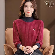 【初色】優雅風加厚拼接撞色麻花編織蝴蝶結裝飾半高領長袖內搭打底針織毛衣上衣女上衣-共4色-17510(F可選) F 玫紅色