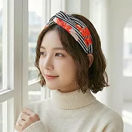 【HandStyle】髮帶 黑白條紋橘紅碎花交叉寬版彈力髮帶(25020) _黑色