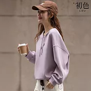 【初色】休閒純色圓領長袖寬鬆抽繩T恤上衣女上衣-紫色-18589(M-2XL可選) M 紫色