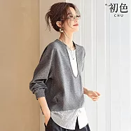【初色】通勤風撞色長袖圓領寬鬆拼接T恤上衣女上衣-灰色-18519(M-2XL可選) M 灰色