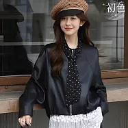 【初色】通勤風短款寬鬆純色圓點絲巾圓領長袖蝙蝠袖夾克皮衣外套女外套-共2色-18643(M-XL可選) M 黑色