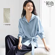【初色】亞麻風格側腰打結翻領POLO領落肩長袖襯衫上衣女上衣-共2色-18646(M-2XL可選) M 藍色